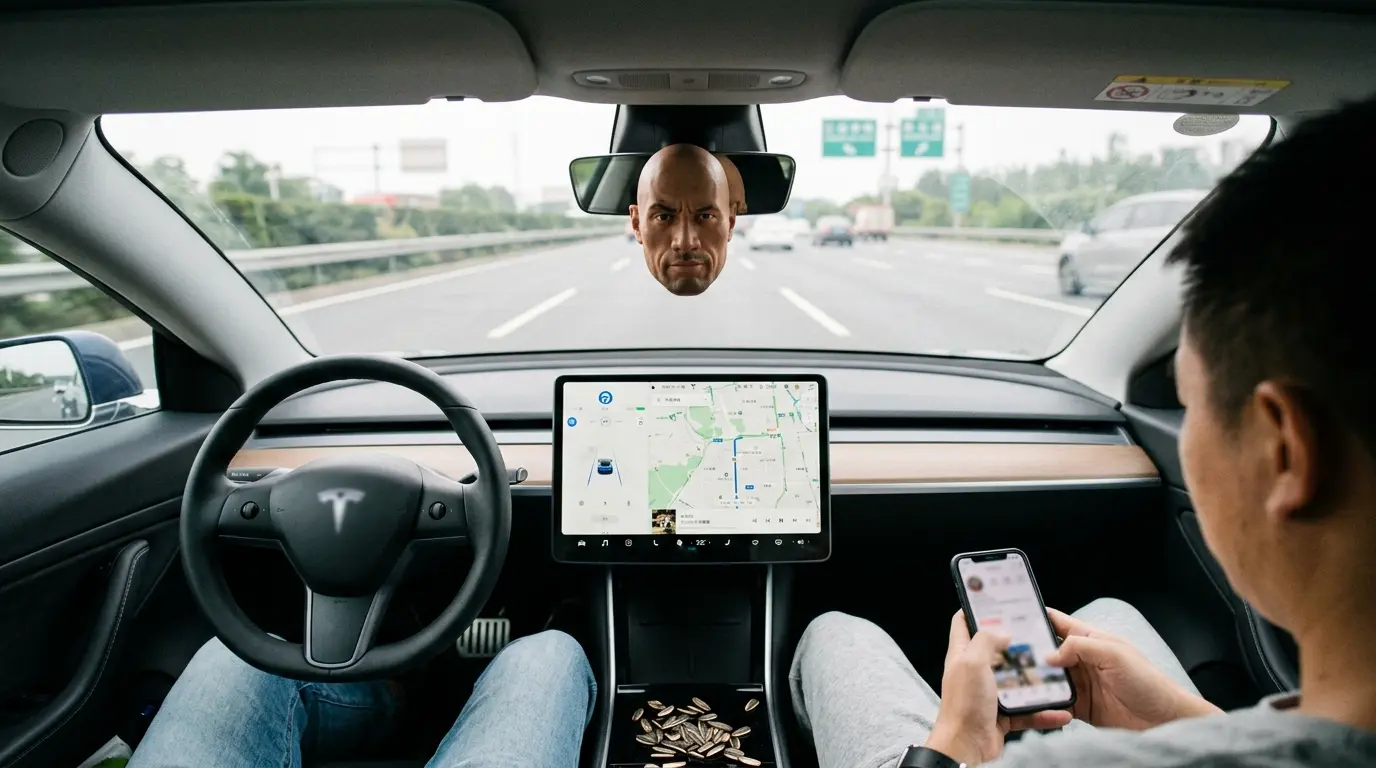 Featured image for “Por 30 dólares, La Roca conduce tu Tesla: El estúpido (y brillante) truco que está humillando a la IA de Elon Musk”